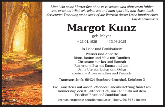 Traueranzeige von Margot Kunz von saarbruecker_zeitung