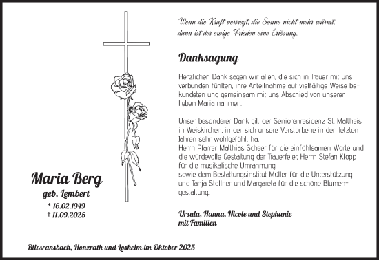 Traueranzeige von Maria Berg von saarbruecker_zeitung