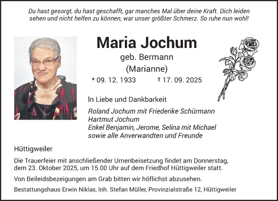 Traueranzeige von Maria Jochum von saarbruecker_zeitung