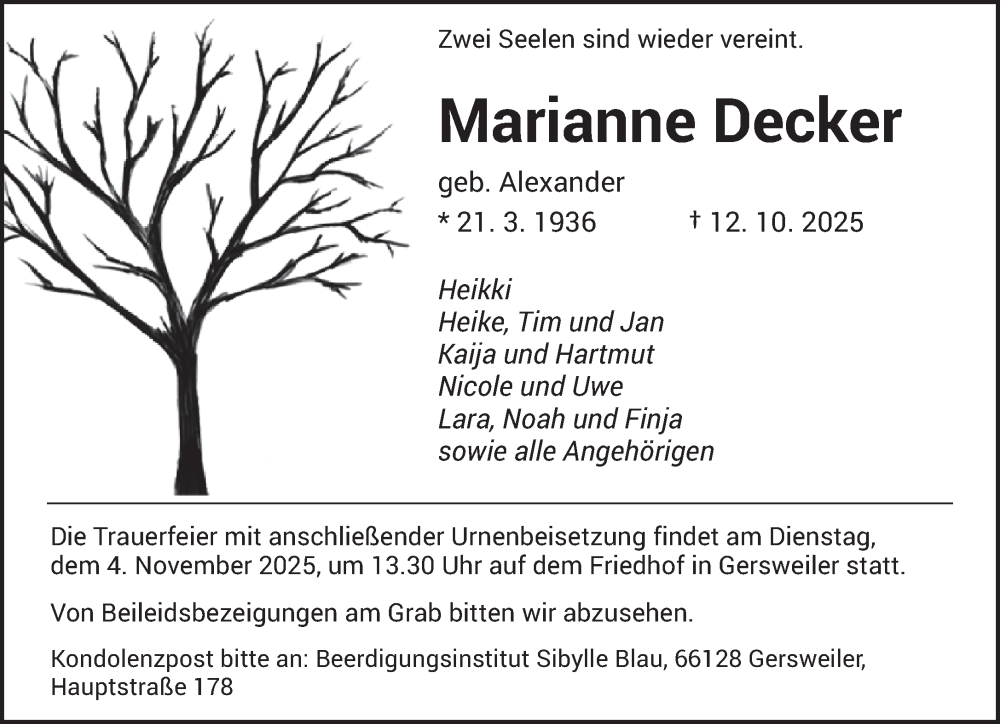  Traueranzeige für Marianne Decker vom 25.10.2025 aus saarbruecker_zeitung