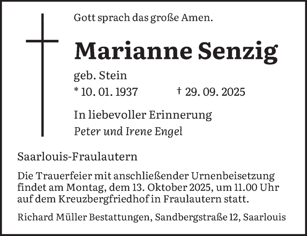  Traueranzeige für Marianne Senzig vom 10.10.2025 aus saarbruecker_zeitung
