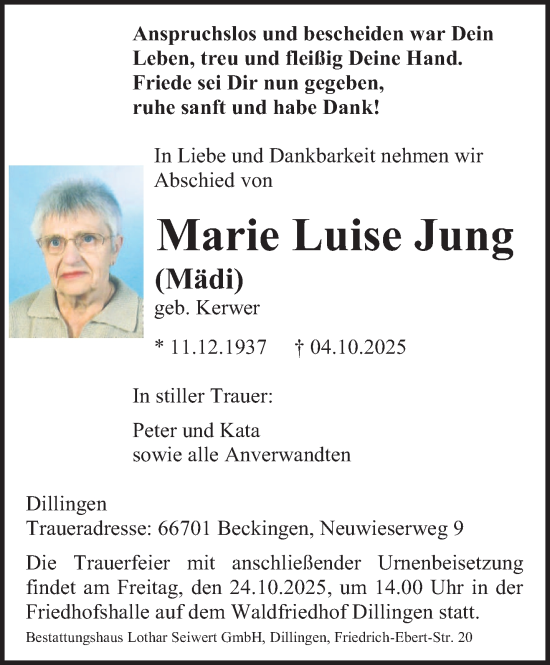 Traueranzeige von Marie Luise Jung von saarbruecker_zeitung