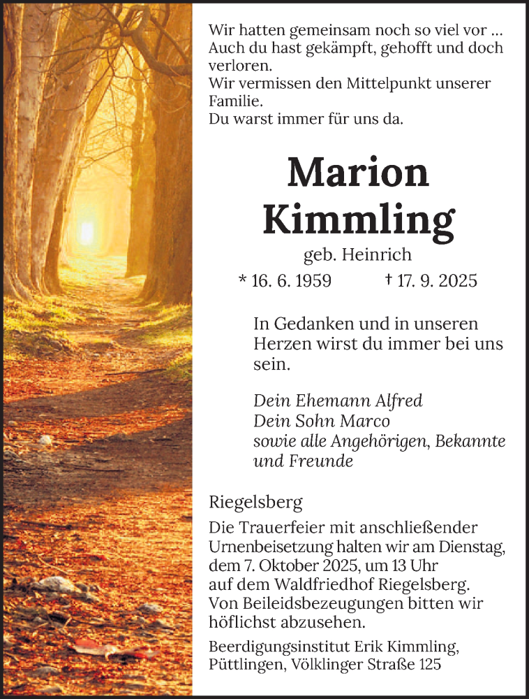  Traueranzeige für Marion Kimmling vom 04.10.2025 aus saarbruecker_zeitung