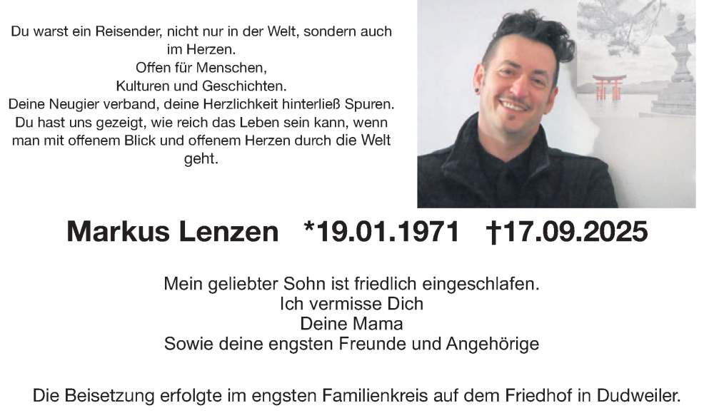  Traueranzeige für Markus Lenzen vom 18.10.2025 aus saarbruecker_zeitung