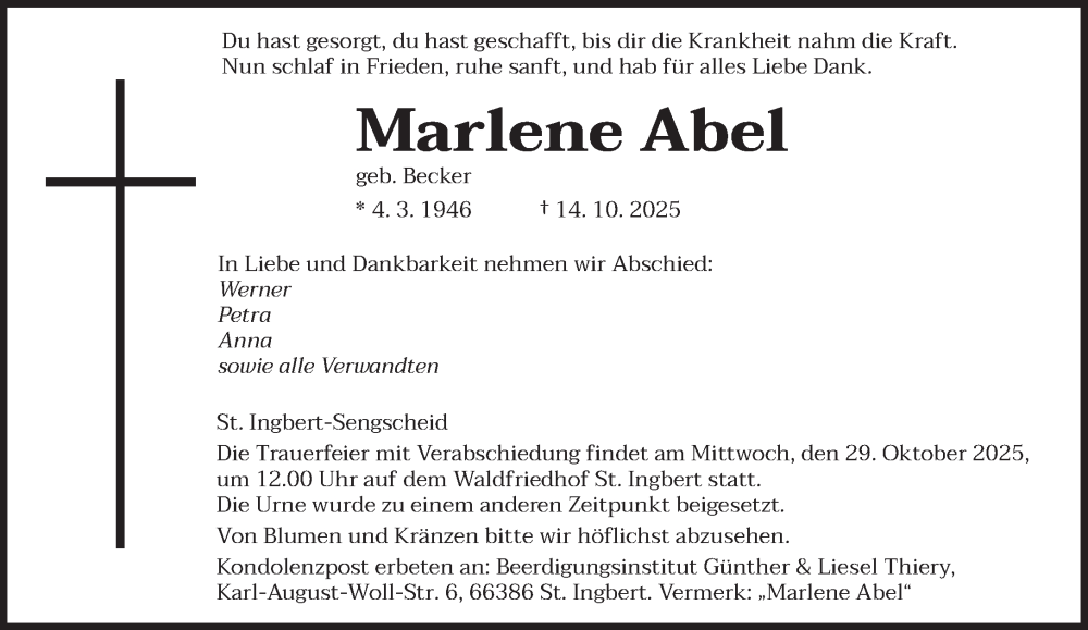  Traueranzeige für Marlene Abel vom 25.10.2025 aus saarbruecker_zeitung