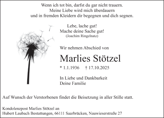 Traueranzeige von Marlies Stötzel von saarbruecker_zeitung