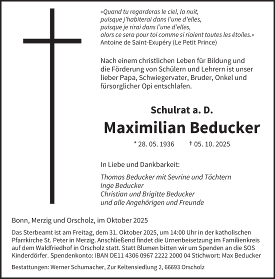 Traueranzeige von Maximilian Beducker von saarbruecker_zeitung