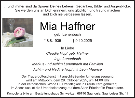 Traueranzeige von Mia Haffner von saarbruecker_zeitung