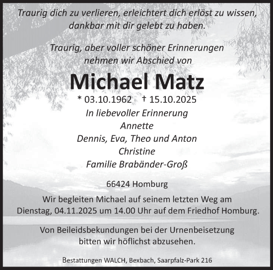 Traueranzeige von Michael Matz von saarbruecker_zeitung