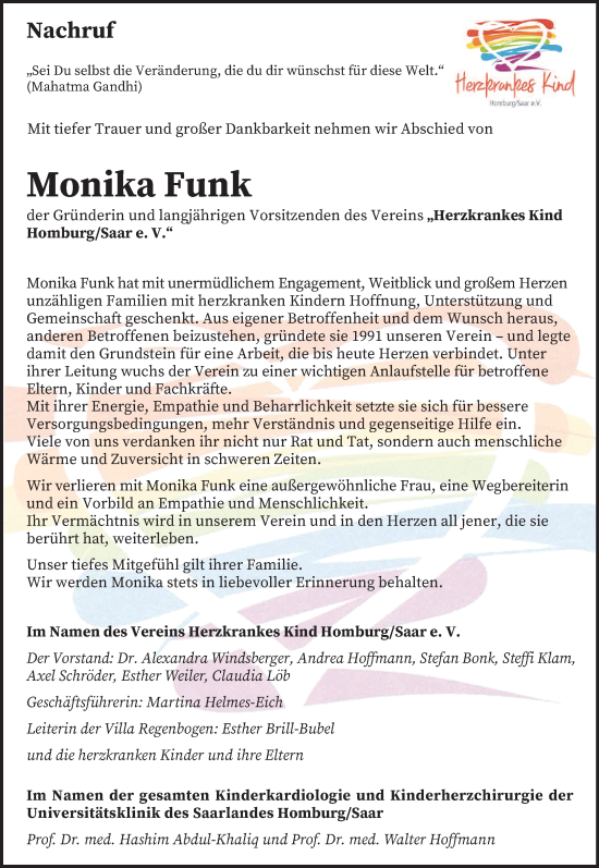 Traueranzeige von Monika Funk von saarbruecker_zeitung