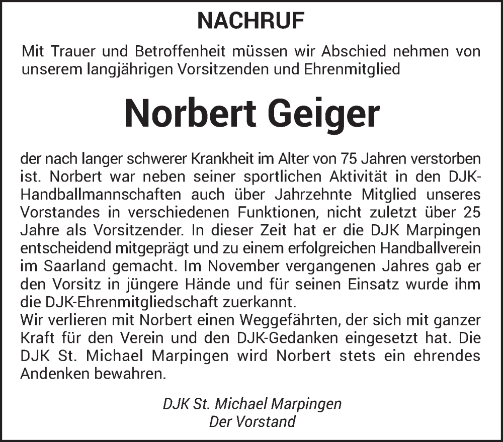  Traueranzeige für Norbert Geiger vom 25.10.2025 aus saarbruecker_zeitung