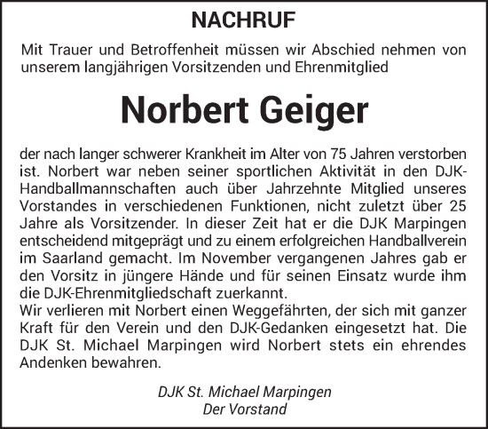 Traueranzeige von Norbert Geiger von saarbruecker_zeitung