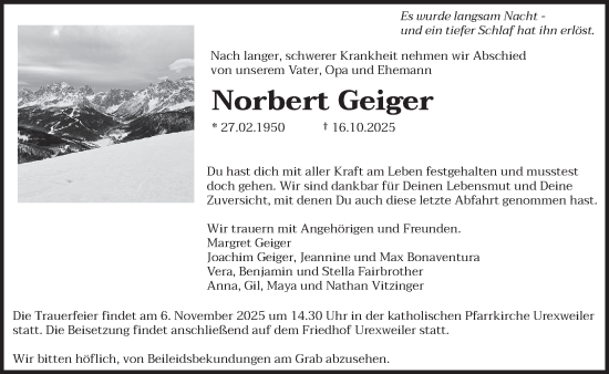 Traueranzeige von Norbert Geiger von saarbruecker_zeitung