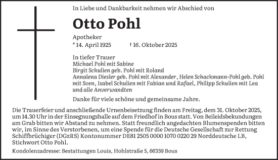 Traueranzeige von Otto Pohl von saarbruecker_zeitung