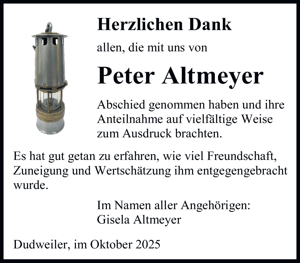 Traueranzeige für Peter Altmeyer vom 18.10.2025 aus saarbruecker_zeitung