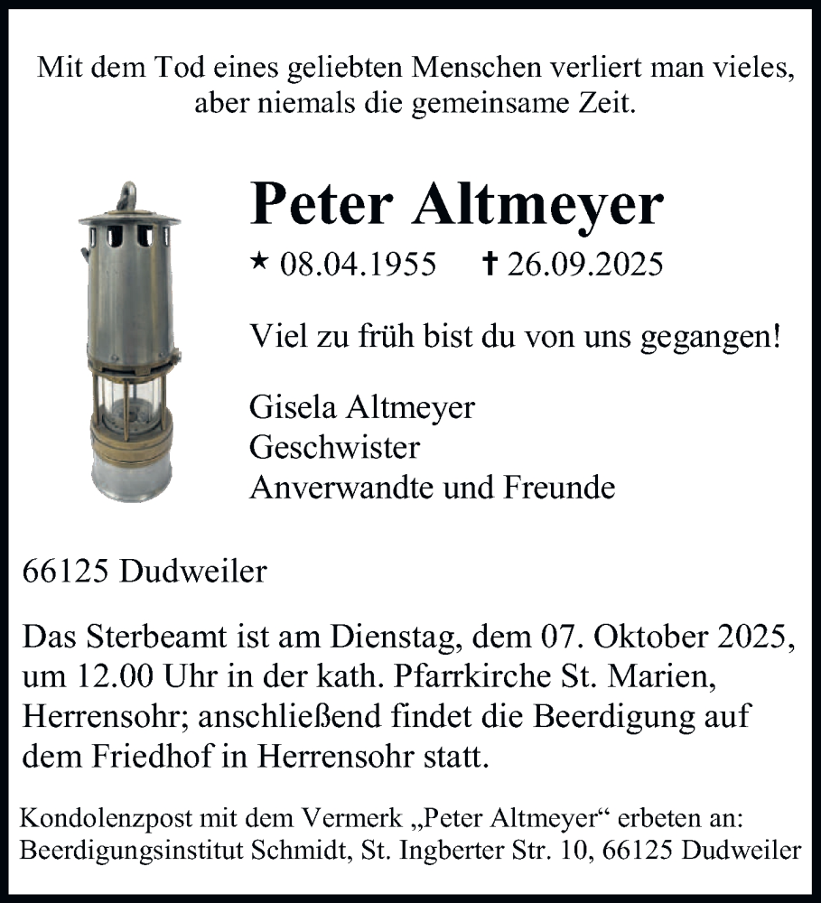  Traueranzeige für Peter Altmeyer vom 04.10.2025 aus saarbruecker_zeitung