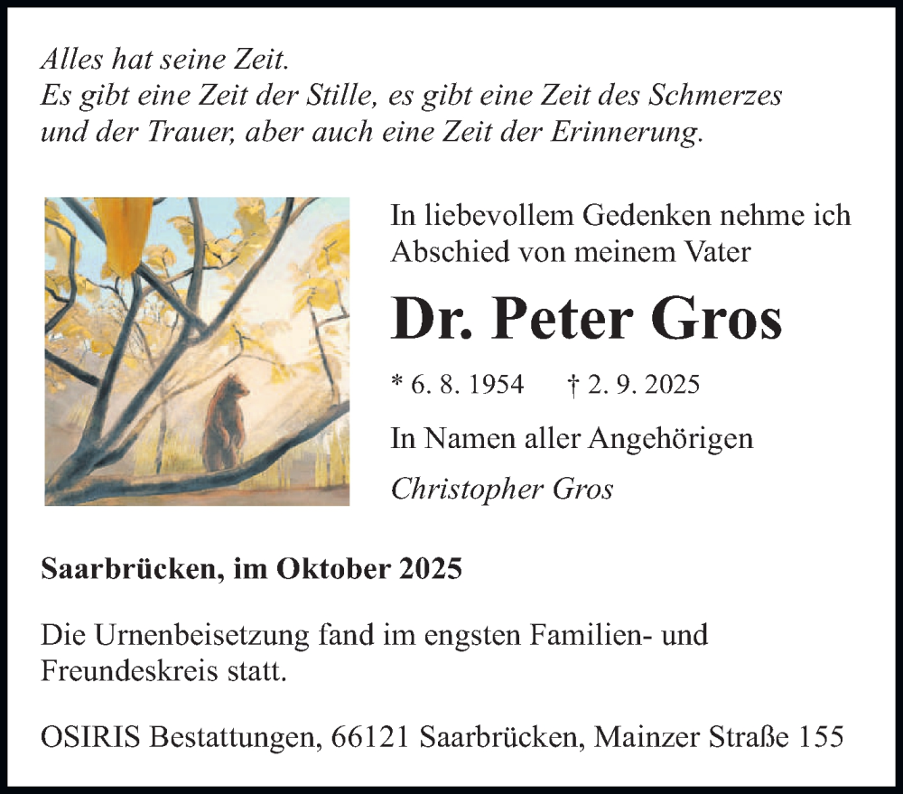  Traueranzeige für Peter Gros vom 04.10.2025 aus saarbruecker_zeitung