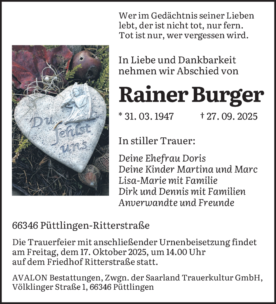  Traueranzeige für Rainer Burger vom 04.10.2025 aus saarbruecker_zeitung