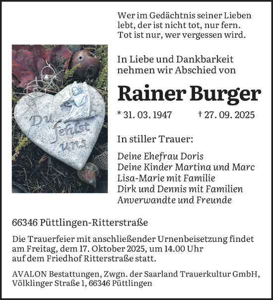 Traueranzeige von Rainer Burger von saarbruecker_zeitung