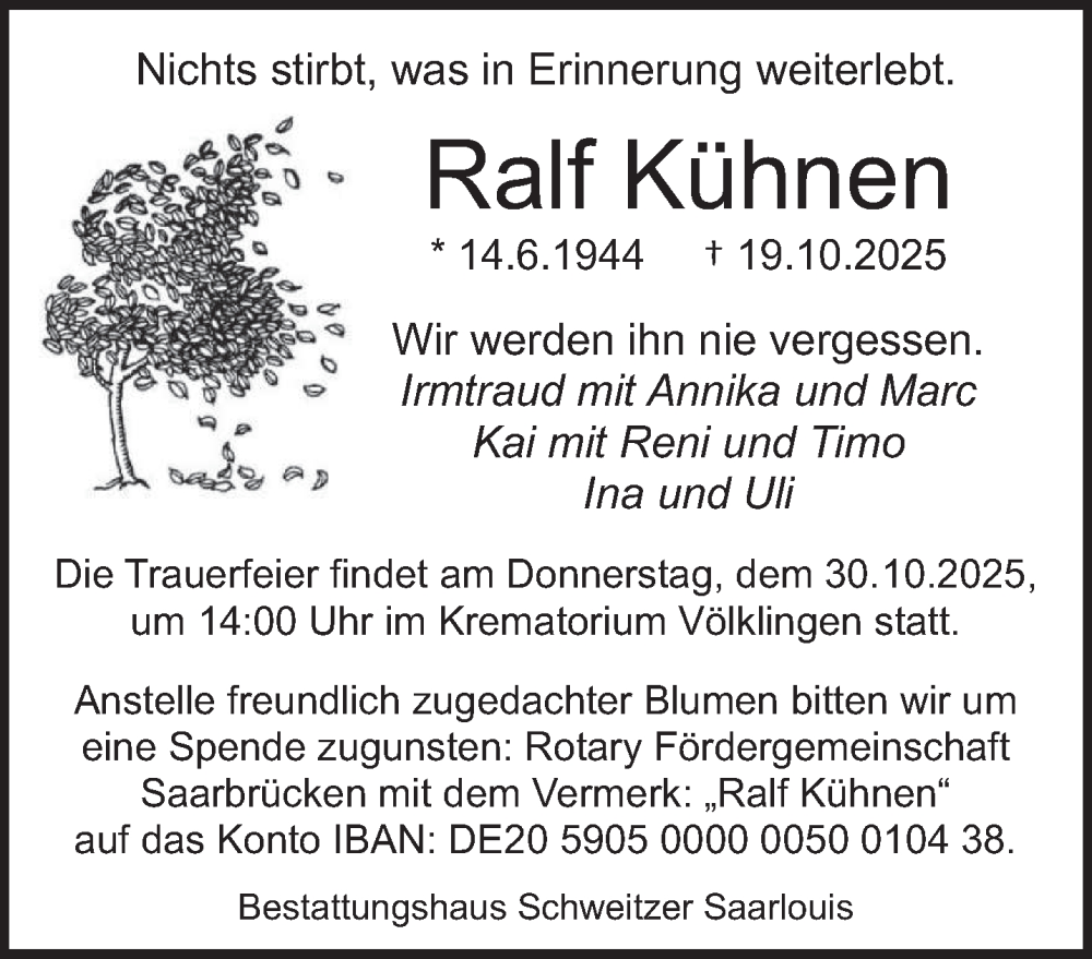  Traueranzeige für Ralf Kühnen vom 25.10.2025 aus saarbruecker_zeitung