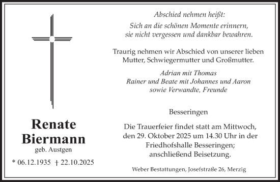 Traueranzeige von Renate Biermann von saarbruecker_zeitung