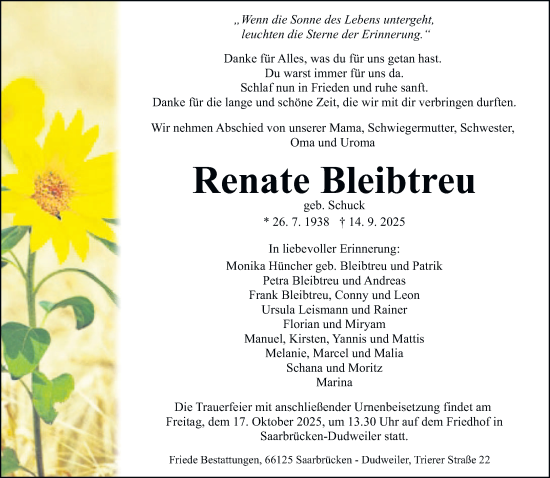 Traueranzeige von Renate Bleibtreu von saarbruecker_zeitung