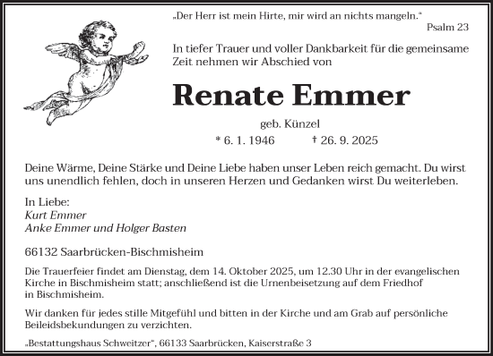 Traueranzeige von Renate Emmer von saarbruecker_zeitung