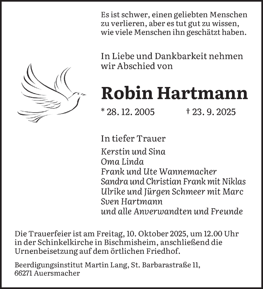  Traueranzeige für Robin Hartmann vom 04.10.2025 aus saarbruecker_zeitung