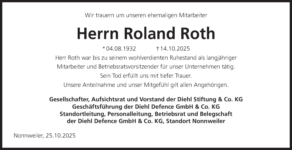  Traueranzeige für Roland Roth vom 25.10.2025 aus saarbruecker_zeitung