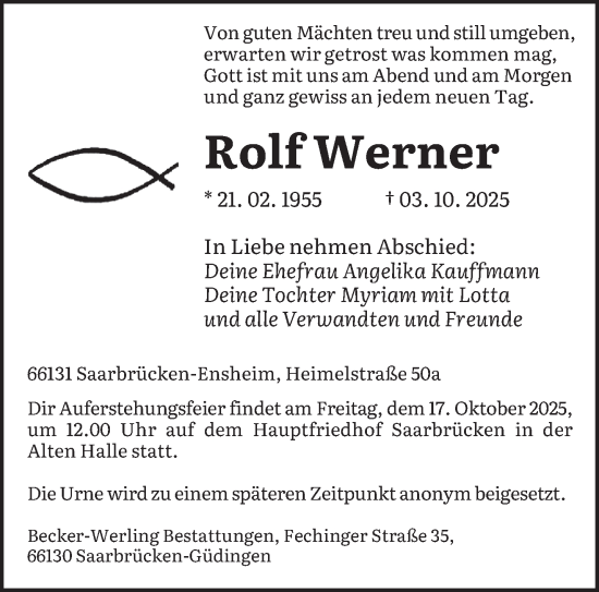 Traueranzeige von Rolf Werner von saarbruecker_zeitung