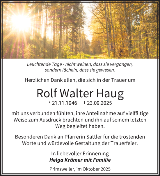 Traueranzeige von Rolf Walter Haug von saarbruecker_zeitung