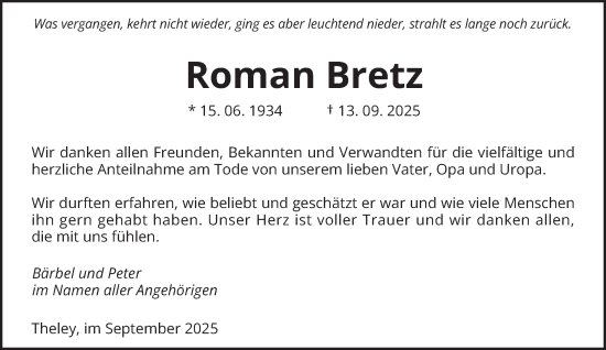 Traueranzeige von Roman Bretz von saarbruecker_zeitung