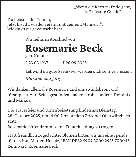 Traueranzeige von Rosemarie Beck von saarbruecker_zeitung