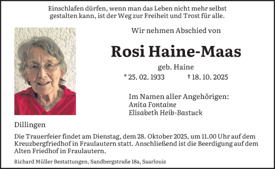 Traueranzeige von Rosi Haine-Maas von saarbruecker_zeitung
