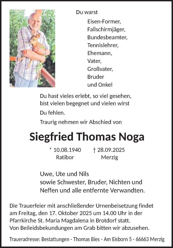  Traueranzeige für Siegfried Thomas Noga vom 15.10.2025 aus saarbruecker_zeitung