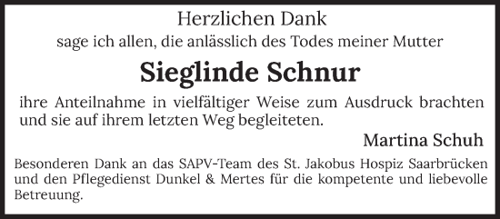 Traueranzeige von Sieglinde Schnur von saarbruecker_zeitung
