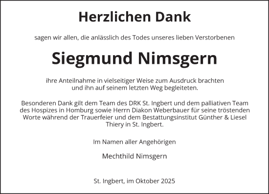 Traueranzeige von Siegmund Nimsgern von saarbruecker_zeitung