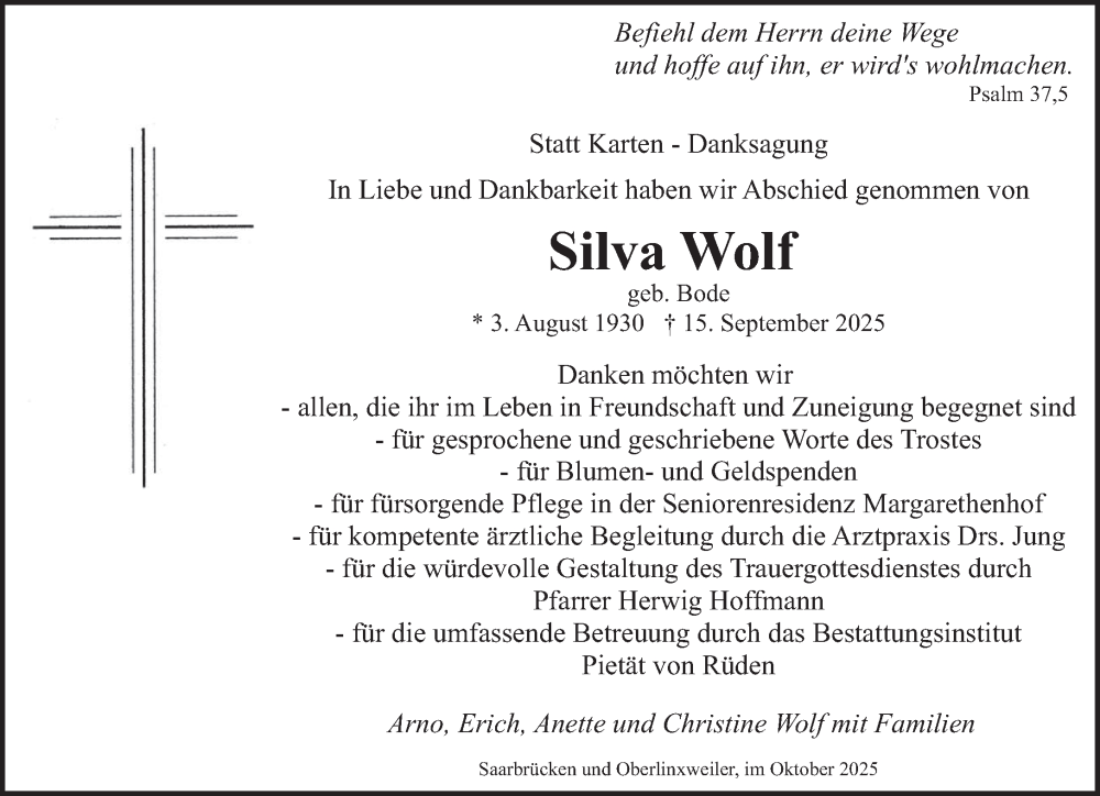  Traueranzeige für Silva Wolf vom 18.10.2025 aus saarbruecker_zeitung