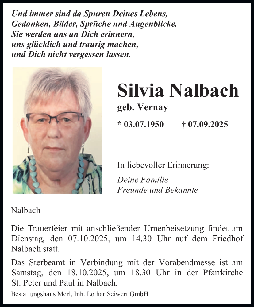  Traueranzeige für Silvia Nalbach vom 04.10.2025 aus saarbruecker_zeitung