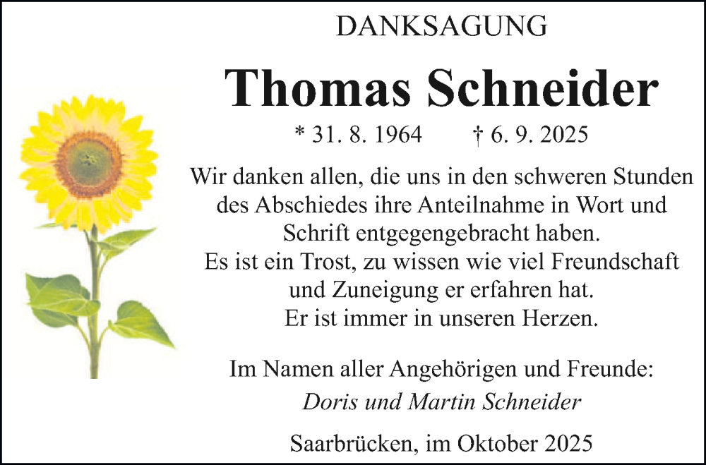  Traueranzeige für Thomas Schneider vom 11.10.2025 aus saarbruecker_zeitung