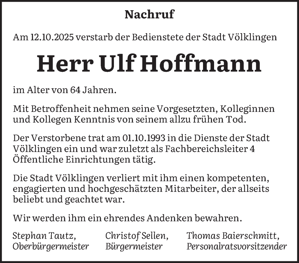  Traueranzeige für Ulf Hoffmann vom 25.10.2025 aus saarbruecker_zeitung