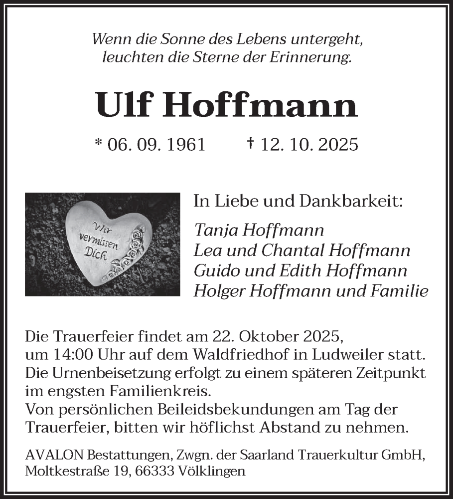  Traueranzeige für Ulf Hoffmann vom 18.10.2025 aus saarbruecker_zeitung