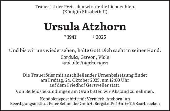 Traueranzeige von Ursula Atzhorn von saarbruecker_zeitung