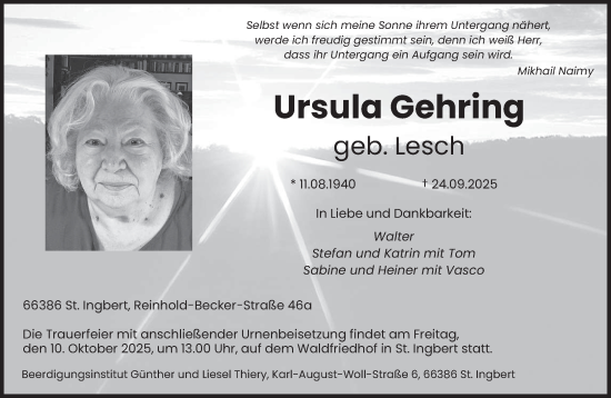 Traueranzeige von Ursula Gehring von saarbruecker_zeitung