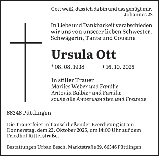 Traueranzeige von Ursula Ott von saarbruecker_zeitung