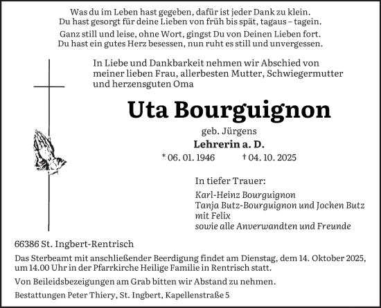 Traueranzeige von Uta Bourguignon von saarbruecker_zeitung