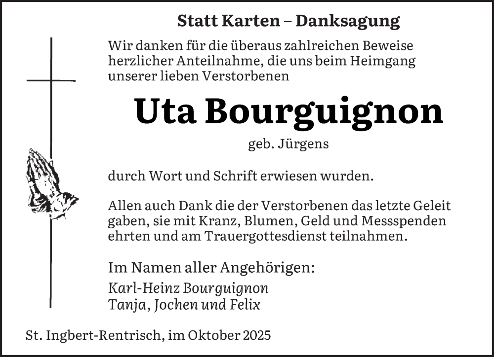  Traueranzeige für Uta Bourguignon vom 29.10.2025 aus saarbruecker_zeitung