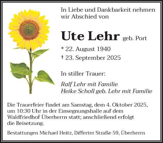 Traueranzeige von Ute Lehr von saarbruecker_zeitung
