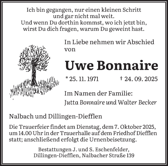 Traueranzeige von Uwe Bonnaire von saarbruecker_zeitung