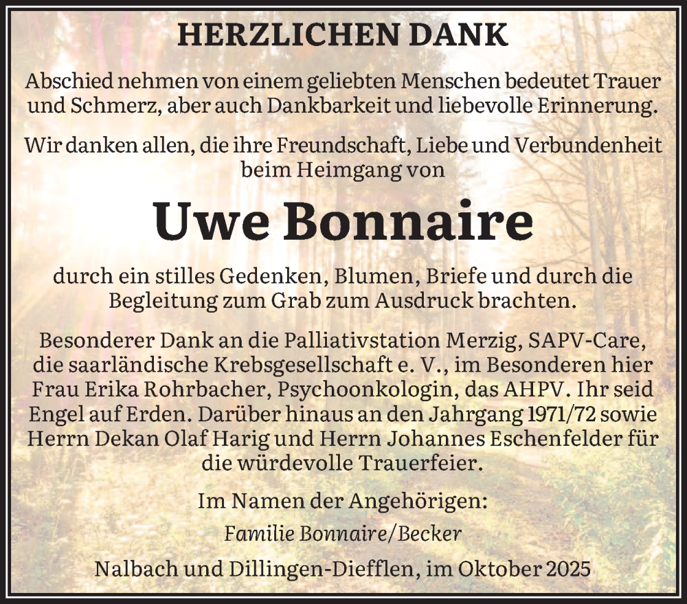  Traueranzeige für Uwe Bonnaire vom 25.10.2025 aus saarbruecker_zeitung
